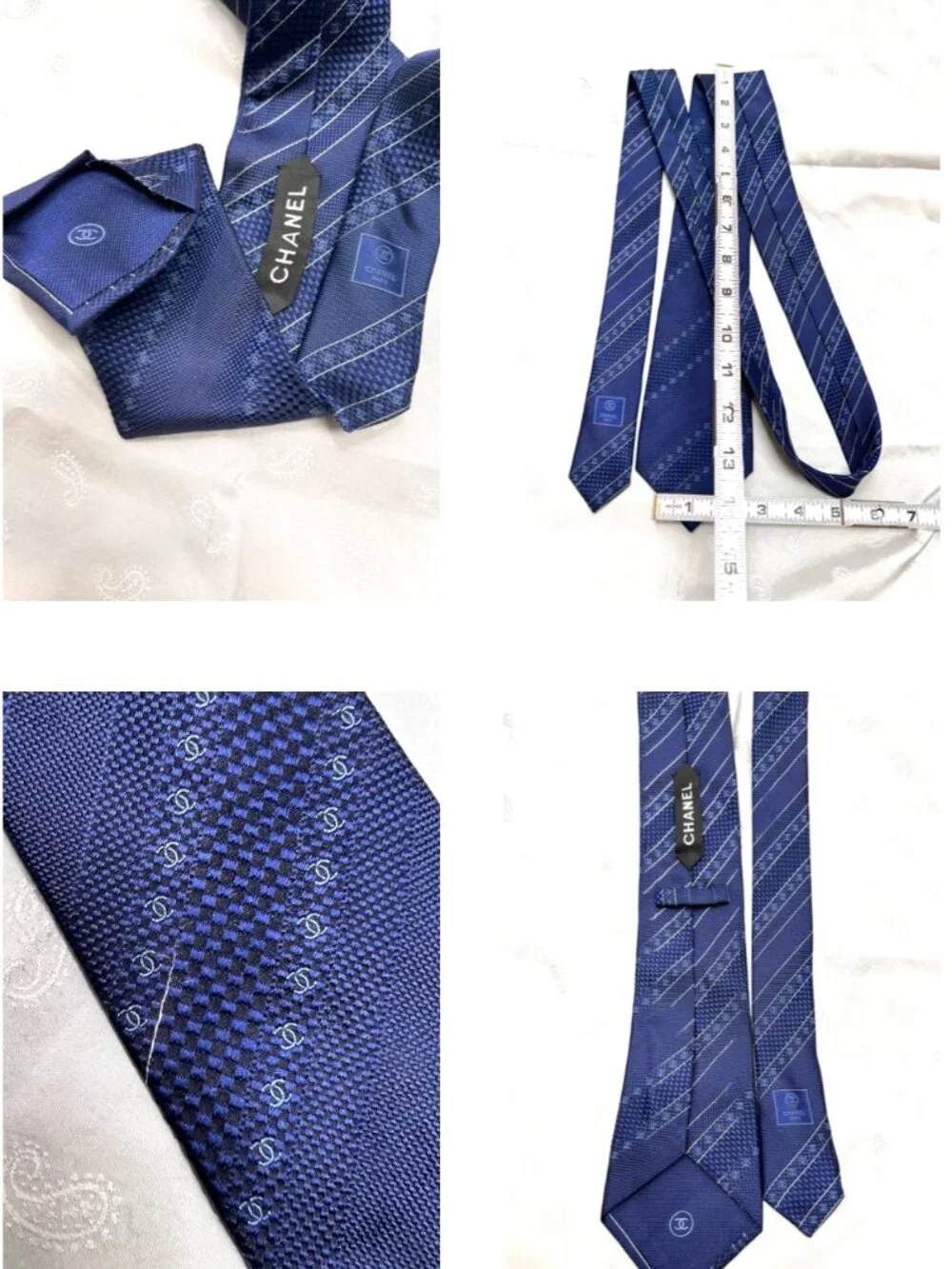 Classic Chanel Paris 100% Silk Necktie Blue Striped Logo Printed Italy Made(2) - Picture 9 of 15